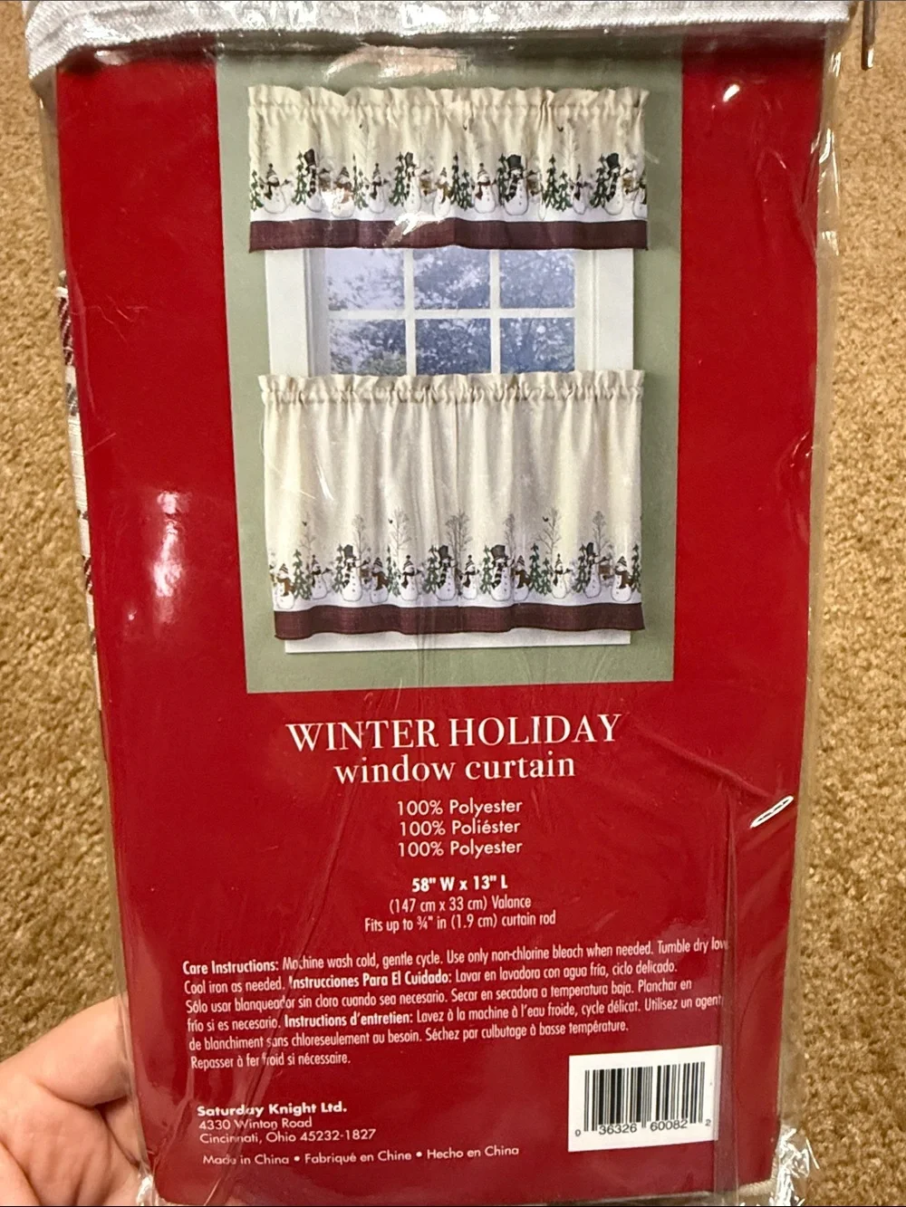 Cream Snowman Holiday Valance Window Curtain with Red Plaid Trim